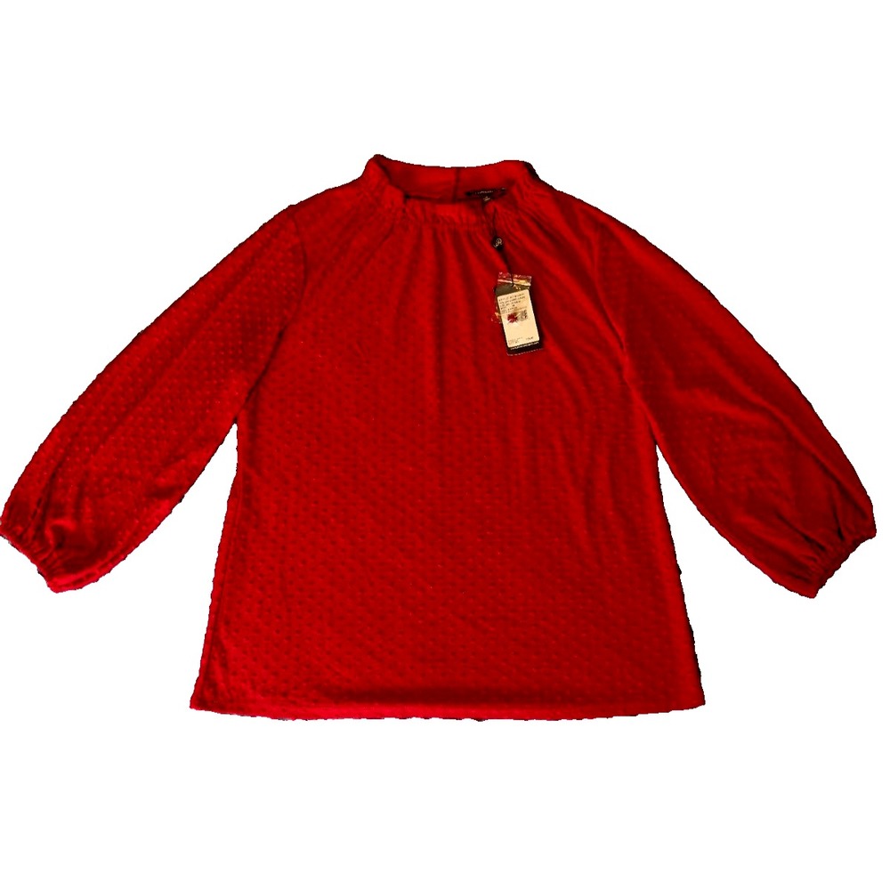NWT Adrianna Papell Ruffle Neck Swiss Dot Popover Blouse Red M Long Sleeve